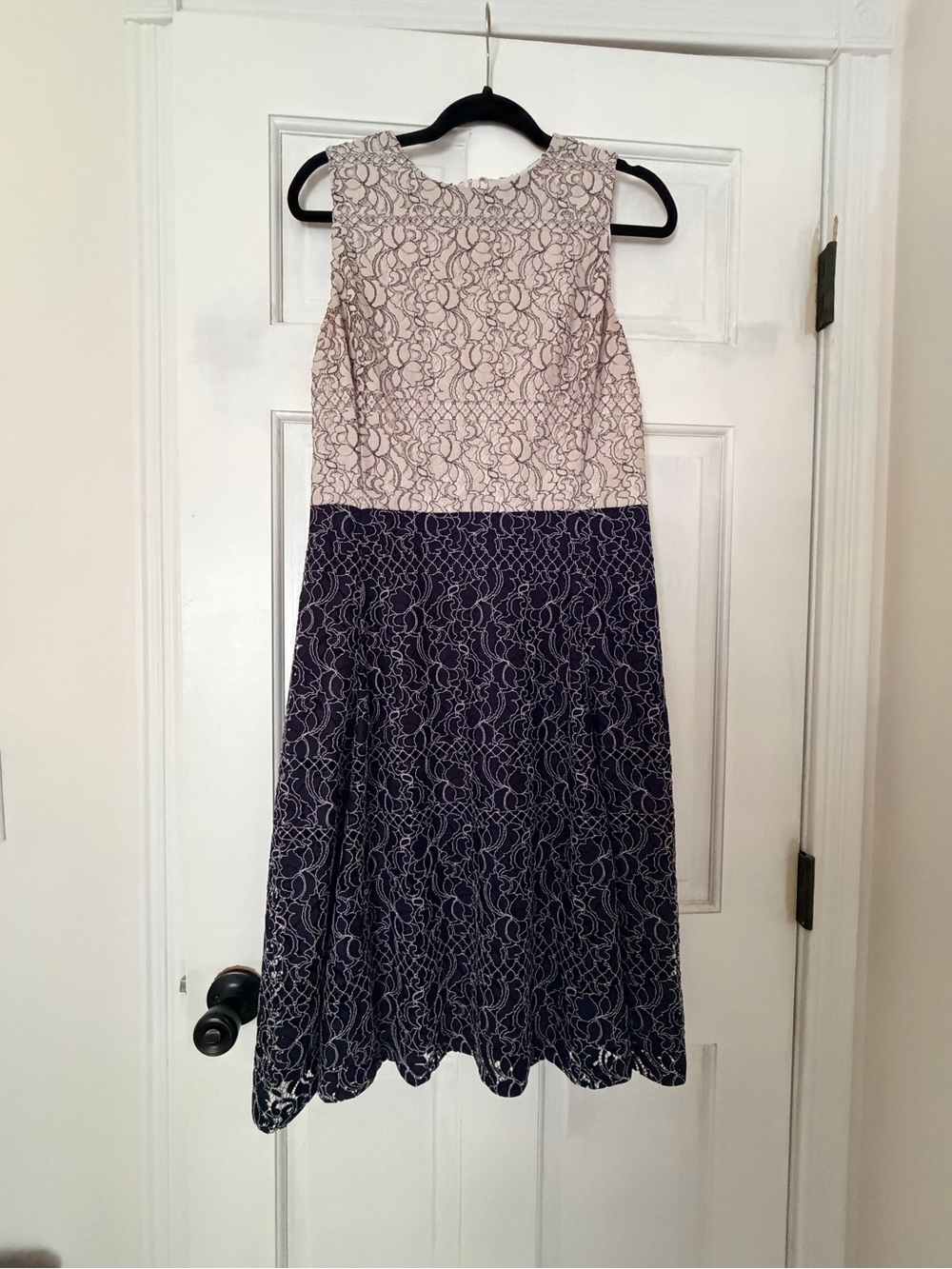 Lauren Ralph Lauren Two-Tone Lace Midi Dress in Cream and Navy